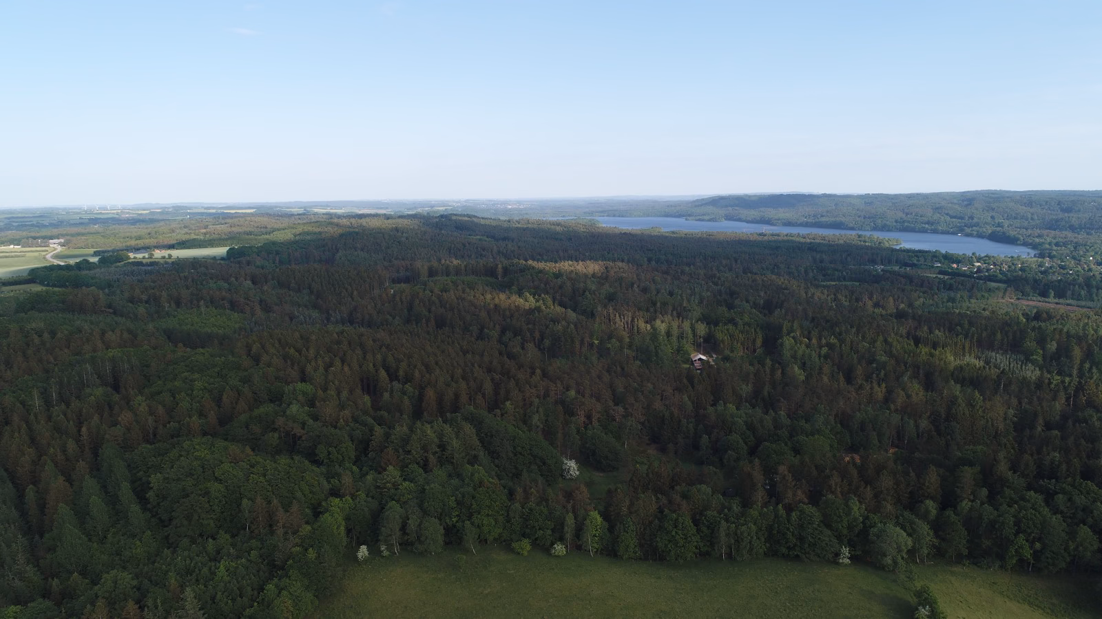 Luftfoto af Sejs-området med Julsø i baggrunden - skove, bakker og søer
